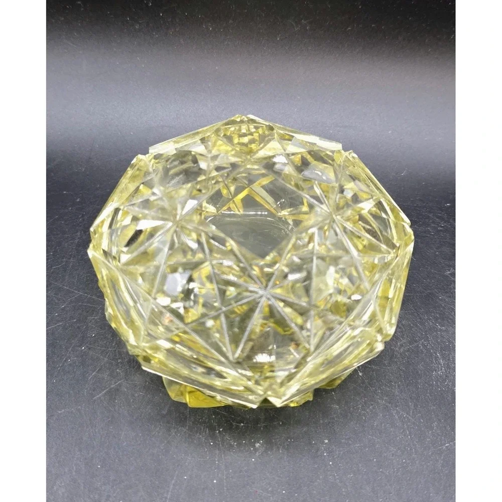 Vintage Czech Yellow Citrine Cut Glass Trinket Powder Box 3.75